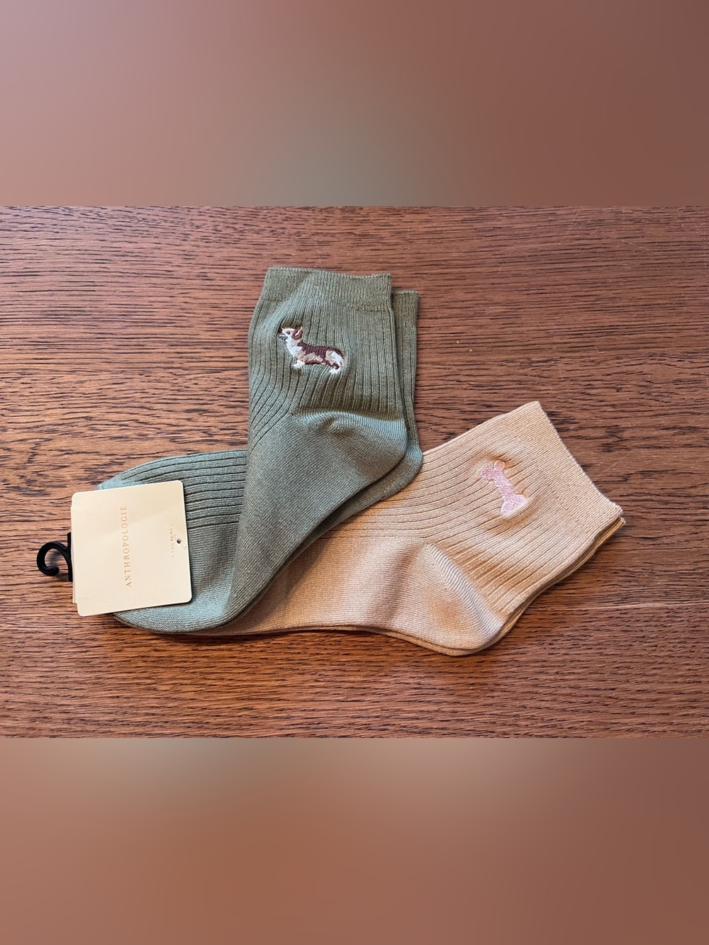 Anthropologie Women’s Ribbed Crew Socks - Olive & Beige (2 Pack)